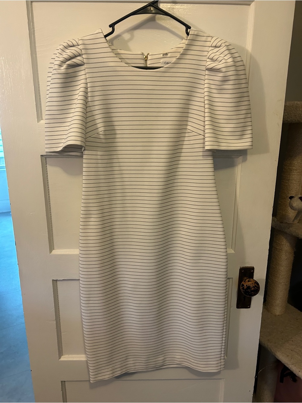 Calvin Klein White Midi Dress with Thin Navy Stripes and Puff Sleeves